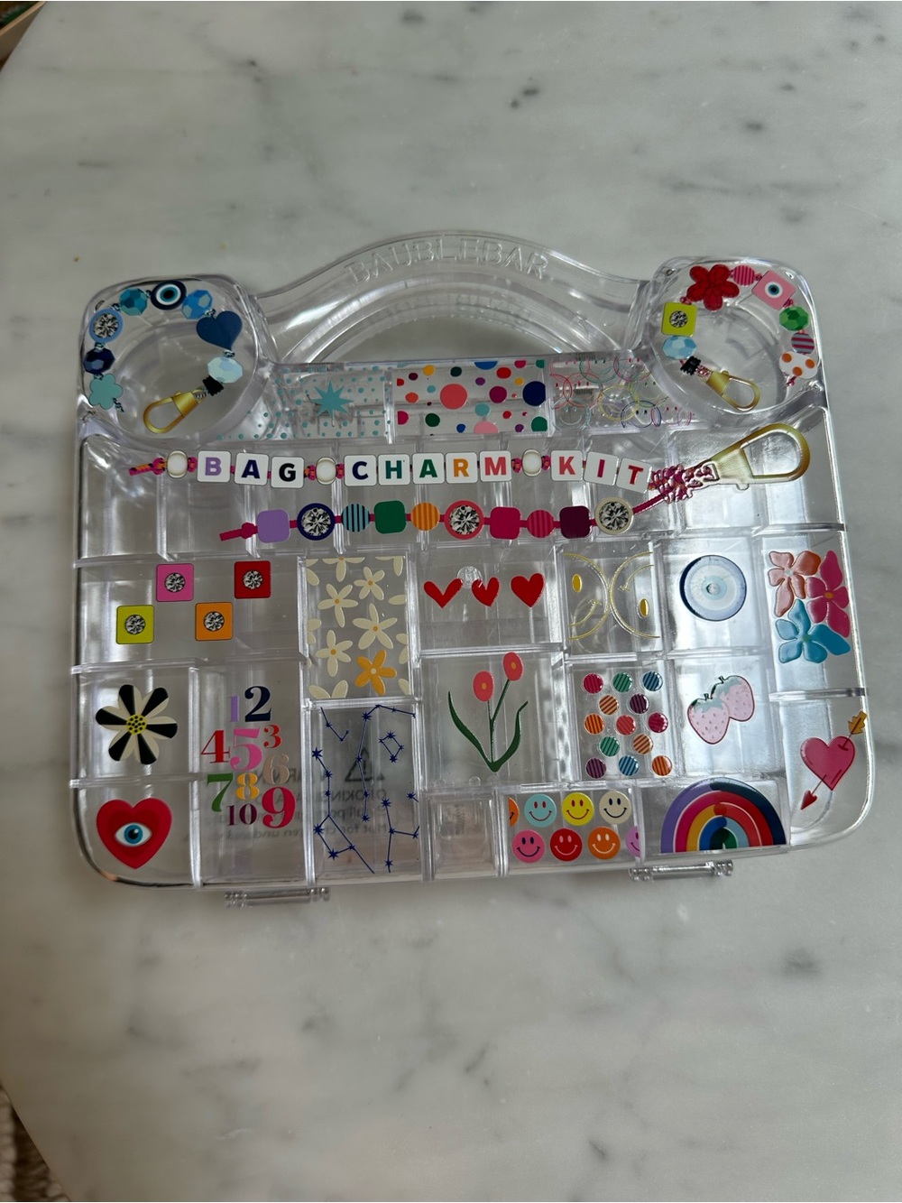 EMPTY BaubleBar Clear Bag Charm Kit with Rainbow, Red, Pink, Blue Accents
